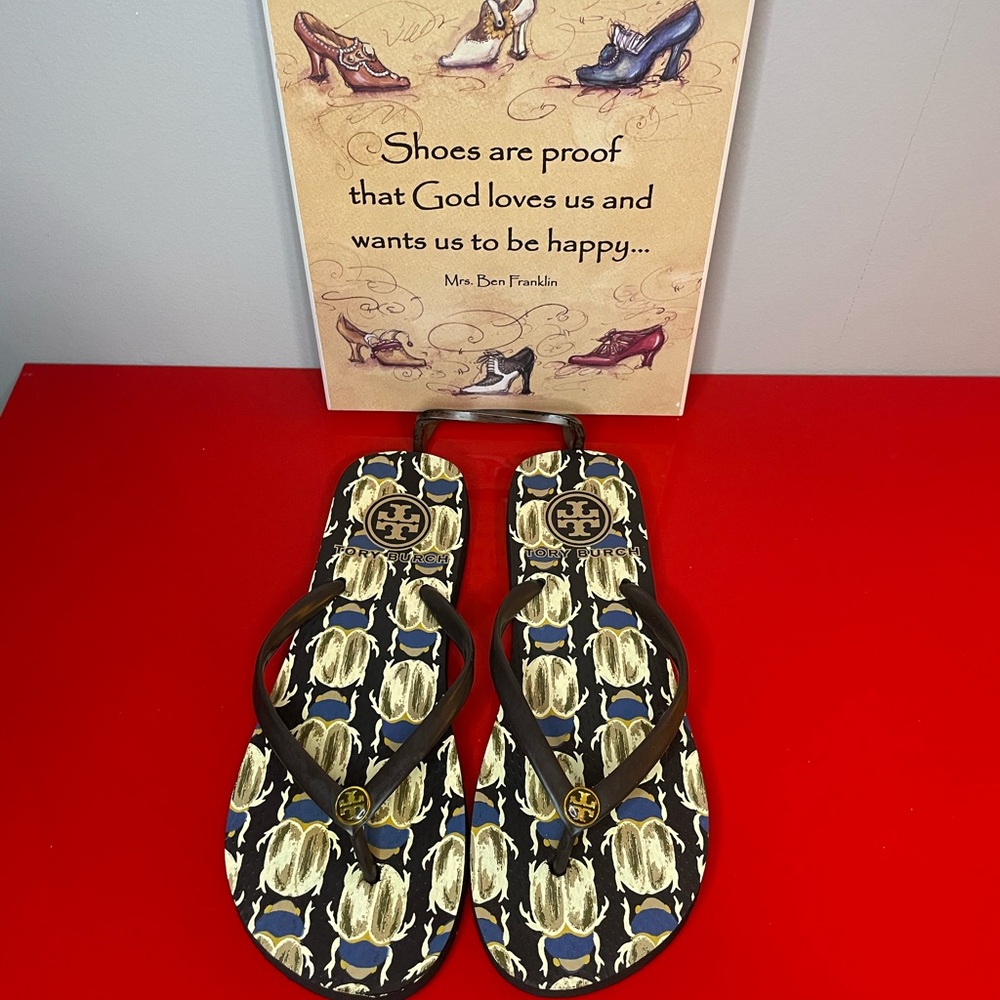 Tory Burch Blue Floral Flip Flops Size 7